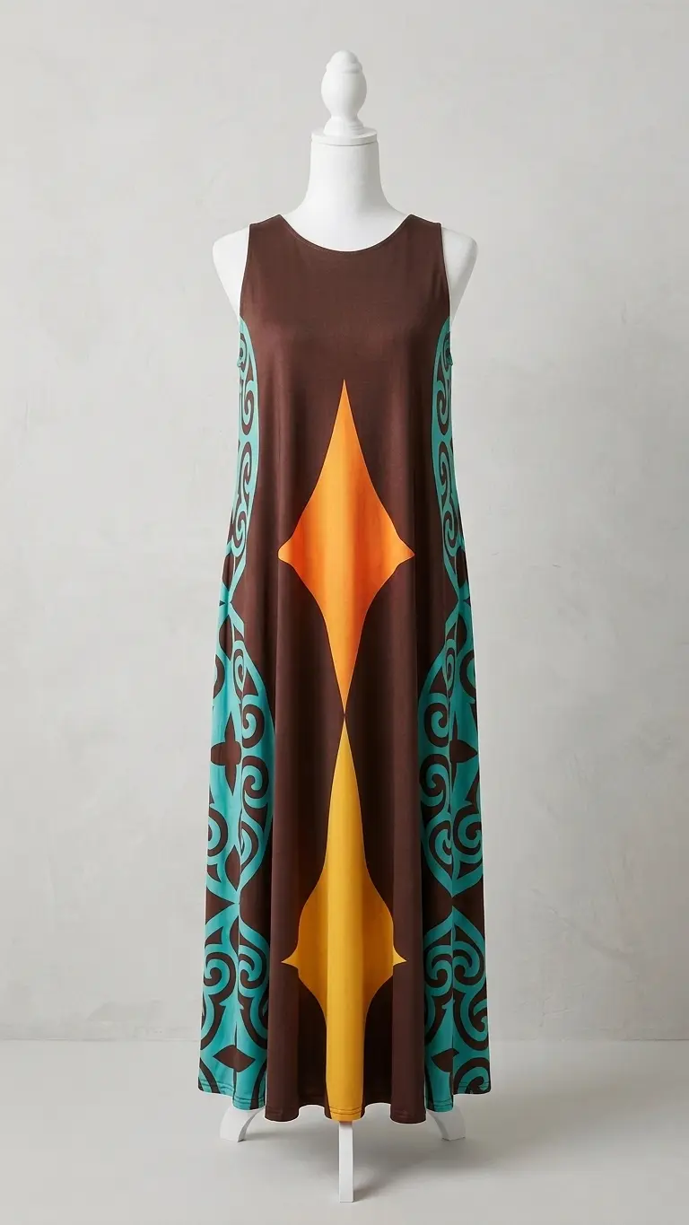 Vestido marrón con patrones verdes y naranjas